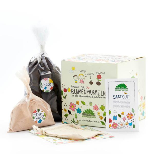Samenbomben Kit zum Selbermachen - 30 bunte Blumenmurmeln mit Saatgut, Gartenerde, Lehmpulver & Anleitung - 100% Naturmaterialien