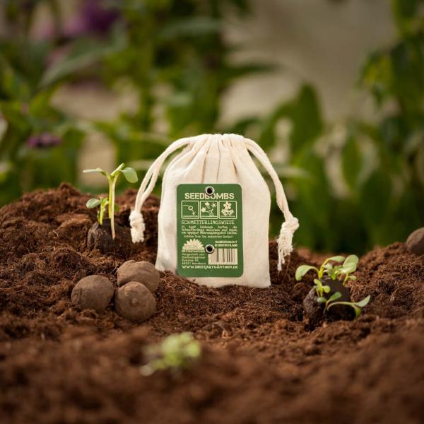 8er-Set Samenbomben Schmetterlingswiese - Paradies für Bienen & Schmetterlinge - 39 Saatgutarten - 100% Naturmaterialien im Jutebeutel - Handgemacht