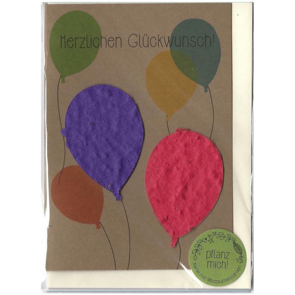 Grusskarte Herzlichen Glückwunsch mit Saatgut für Blumen - Karte zum Bepflanzen mit Samen - Luftballons aus Saatpapier - Bunter Geburtstagsstrauss selbst ziehen