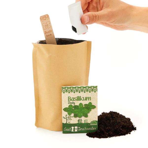 Basilikum Anzucht Komplett-Set für Kräutergarten - mit Samen, Erde, Anleitung, Pflanzstäbchen - wasserfester Topf - Naturmaterialien - bis 80 Pflanzen