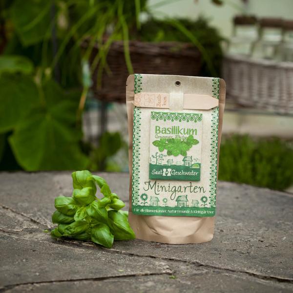 Basilikum Anzucht Komplett-Set für Kräutergarten - mit Samen, Erde, Anleitung, Pflanzstäbchen - wasserfester Topf - Naturmaterialien - bis 80 Pflanzen