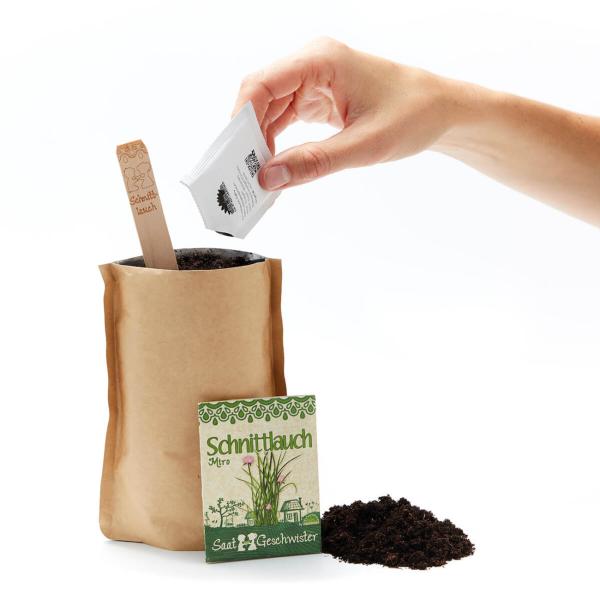 Saatgut Set Schnittlauch Komplett-Set - Anzucht für Kräutergarten Aussenbereich - Inkl. Gartenerde, Samen, Anleitung & Pflanzstäbchen - 100% Naturmaterialien