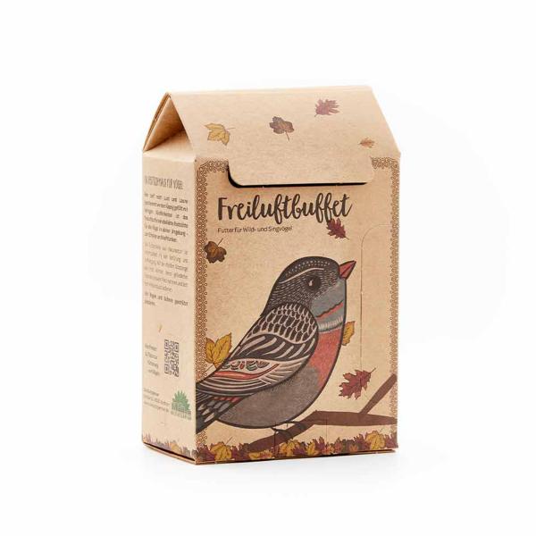 Vogelfutter-Haus aus festem Karton – Futterstation mit Sitzstange, 200g Vogelfutter & Schnur – Handgefertigt – Wiederbefüllbar, Langlebig – 10x6.2x17.5cm