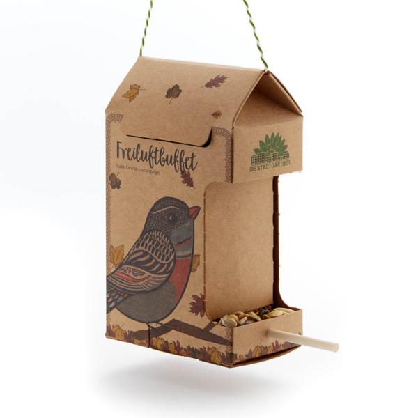 Vogelfutter-Haus aus festem Karton – Futterstation mit Sitzstange, 200g Vogelfutter & Schnur – Handgefertigt – Wiederbefüllbar, Langlebig – 10x6.2x17.5cm