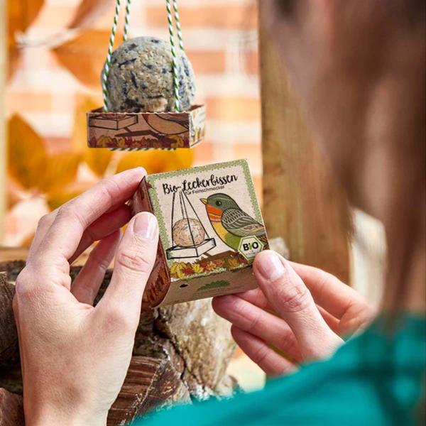 Vogelfutterknödel Bio-Zutaten - Komplett-Set mit Futterschaukel und Schnur zum Aufhängen - Handgefertigt in Deutschland - Unterstützt soziale Projekte