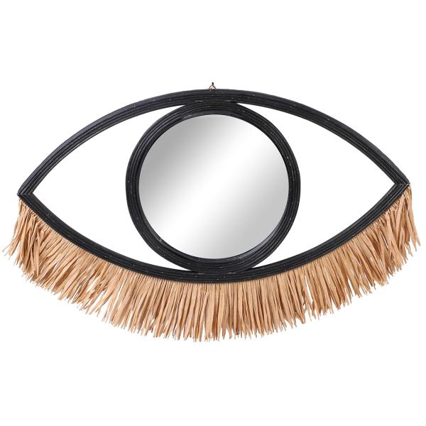 Wandspiegel Auge aus Bambus - Exotisches Design mit Bastfransen als Wimpern für Wohnzimmer & Schlafzimmer - Schwarz/Braun 62x41cm