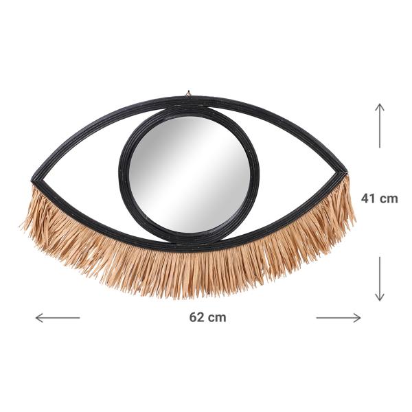 Wandspiegel Auge aus Bambus - Exotisches Design mit Bastfransen als Wimpern für Wohnzimmer & Schlafzimmer - Schwarz/Braun 62x41cm
