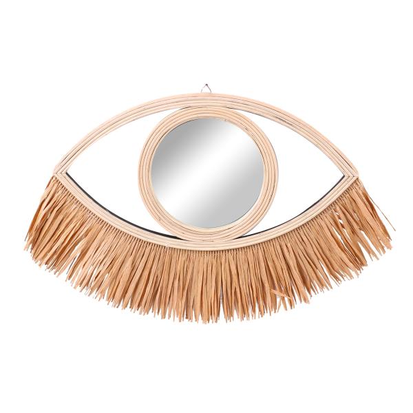Augenspiegel Design Spiegel mit Bambusrahmen - Exotischer Wandspiegel & Dekoration für Wohnzimmer/Schlafzimmer - Bastfransen beige/braun - 41x31cm