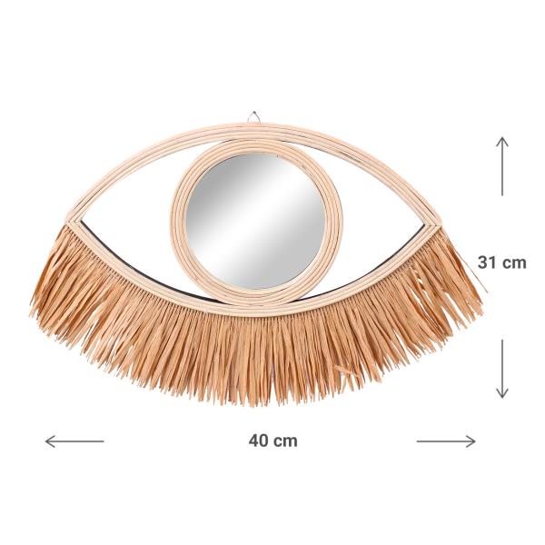 Augenspiegel Design Spiegel mit Bambusrahmen - Exotischer Wandspiegel & Dekoration für Wohnzimmer/Schlafzimmer - Bastfransen beige/braun - 41x31cm