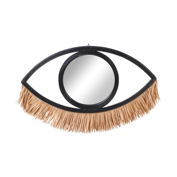 Wandspiegel in Augenform - Bambusrahmen mit Bastfransen - Deko-Spiegel schwarz/braun - 41x31cm - Exotischer Blickfänger für Wohnzimmer & Schlafzimmer