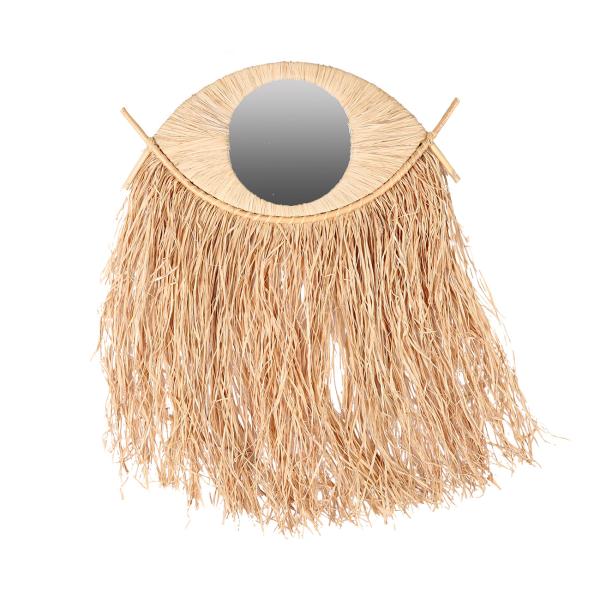 Design Wandspiegel Augenform aus natürlichem Bambus mit Bastfransen - Extravagante Deko für Wohnzimmer & Schlafzimmer - Braun/Beige 41x31cm