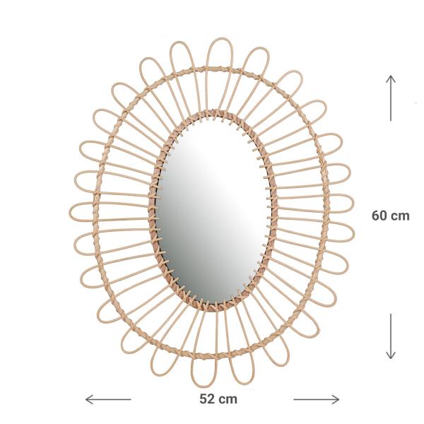 Design Wandspiegel mit breitem, feinem Bambusrahmen - Eleganter Blickfänger für Wohnzimmer, Schlafzimmer, Flur - Braun, 52x60cm, Oval