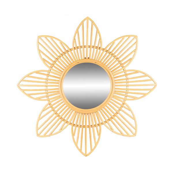 Runder Design Spiegel - Wandspiegel mit Bambus-Rahmen in Blüten-Form für Wohnzimmer & Flur - Nachhaltig - braun Ø 62 cm