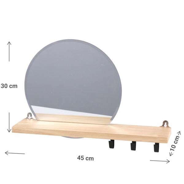 Badezimmer Regal mit Spiegel aus Holz - Wandregal für Bad Küche Schminkecke - Ablage mit 3 Haken für Tücher - MDF Braun 45x10x30cm - Einfach zu montieren