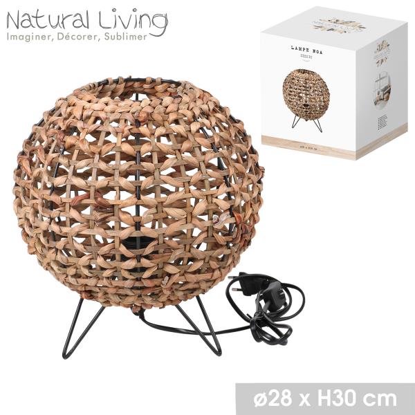 Tischlampe aus Wasserhyazinthe und Metall - Elegante Stehlampe mit gewebtem Schirm & blumenartigem Muster - Metallgestell schwarz, 30cm hoch