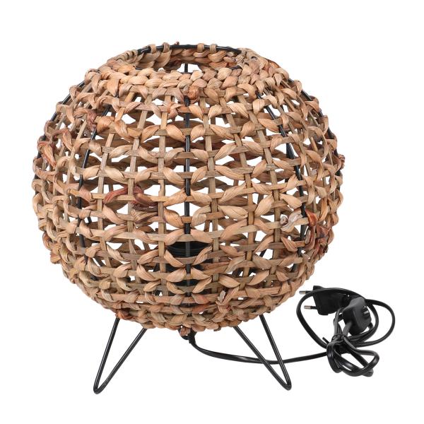 Tischlampe aus Wasserhyazinthe und Metall - Elegante Stehlampe mit gewebtem Schirm & blumenartigem Muster - Metallgestell schwarz, 30cm hoch