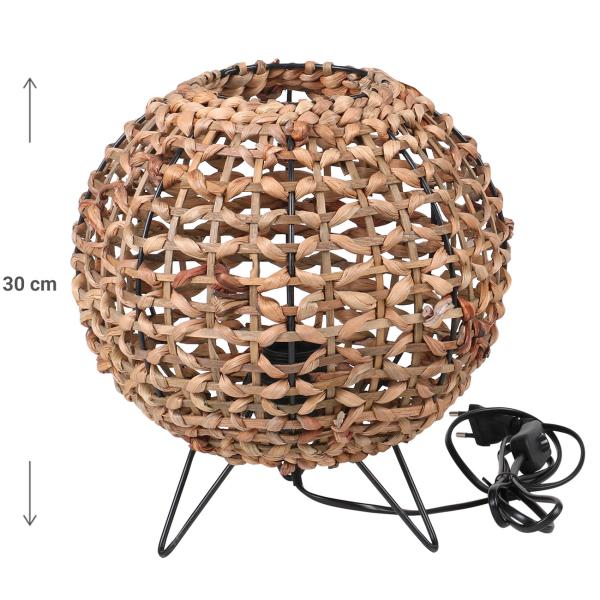 Tischlampe aus Wasserhyazinthe und Metall - Elegante Stehlampe mit gewebtem Schirm & blumenartigem Muster - Metallgestell schwarz, 30cm hoch