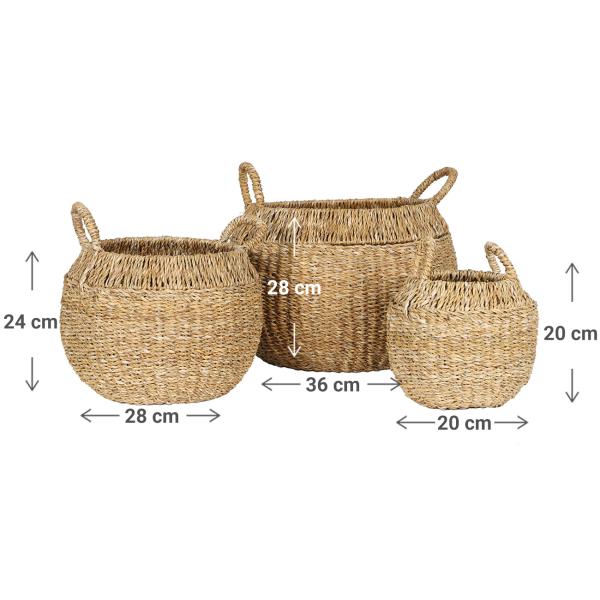 3er-Set Seegras-Körbe mit Henkel braun - Runde Flechtkörbe versch. Grössen - Dekorative & stilvolle Aufbewahrung Landhaus-Stil - Stapelbar 134 Zeichen