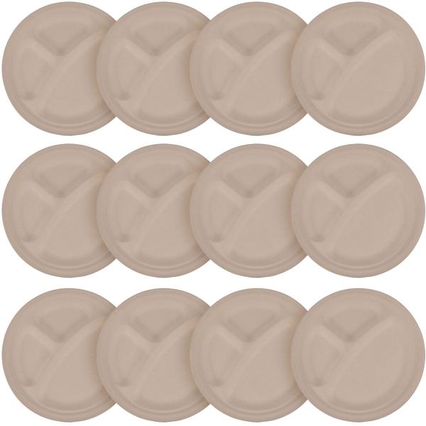 Zuckerrohr Teller 12er-Set rund - Biologisch abbaubar & kompostierbar für Party & Catering - Mikrowellengeeignet - Ø 23 cm mit Fächern