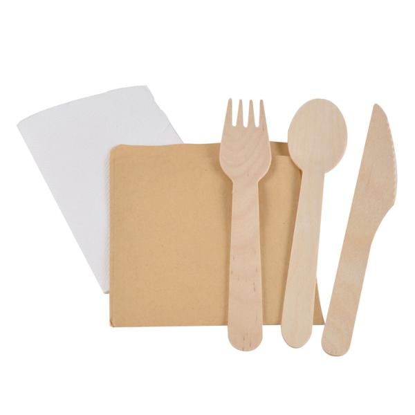 Einwegbesteck Holz 6er-Set - Löffel, Gabel, Messer, Serviette - Biologisch abbaubar - Für Party, Picknick, Grill, Catering - Zeitersparnis - Braun