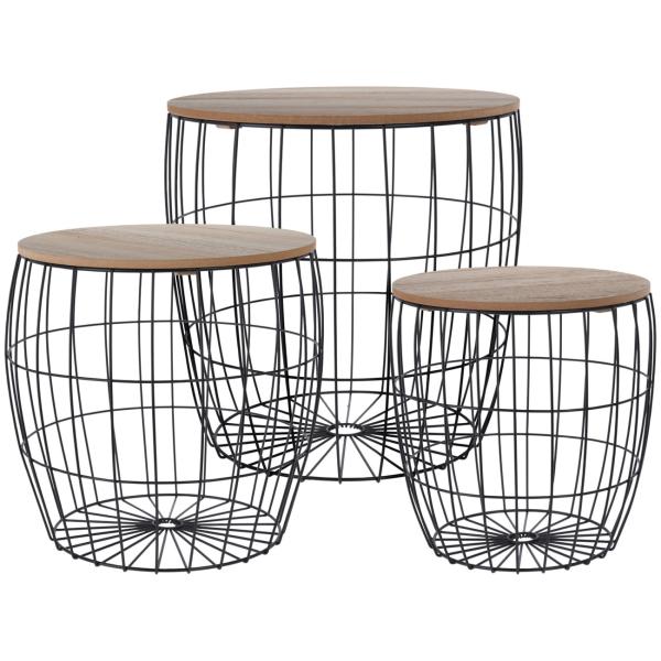 3er-Set Metall Beistelltische - Draht-Optik Holz Tischplatten Schwarz/Braun - Couchtische rund für Wohnzimmer 28x28x40cm, 37x37x37cm, 40x40x41cm