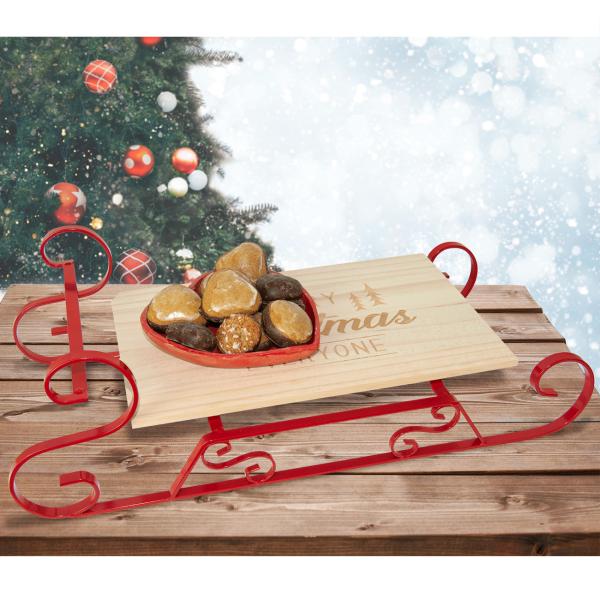 Serviertablett Weihnachtsschlitten - festliches Servieren von Speisen & Getränken - Buchenholz, Metallkufen, 46x21x14cm - Merry Christmas Everyone