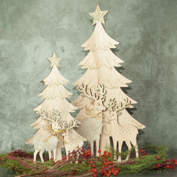 Weihnachtsdeko aus Holz - Tannenbaum & Rentier Set - 30cm hoch, braun, MDF - Rustikale Deko für Wohnzimmer, Schlafzimmer & Tisch - Hygienisch, langlebig