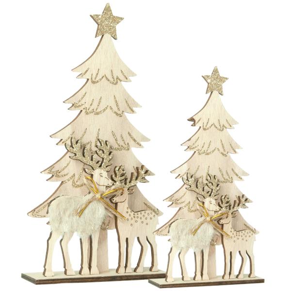 Weihnachtsdeko aus Holz - Tannenbaum & Rentier Set - 30cm hoch, braun, MDF - Rustikale Deko für Wohnzimmer, Schlafzimmer & Tisch - Hygienisch, langlebig
