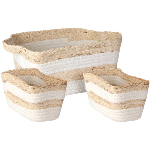 Korb-Set rechteckig aus Baumwolle & Maisgeflecht - 3-teilige Aufbewahrungskörbe weiss natur für Bad, Wohn- & Kinderzimmer - 30x25x14cm - 20x13x11cm