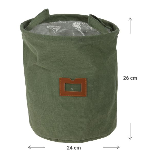 Pflanzsack aus Baumwolle grün - Moderner Textil-Übertopf mit Schutzfolie - Ø 24x26cm - Für Blumen, Pflanzen & Kräuter - Canvas-Optik