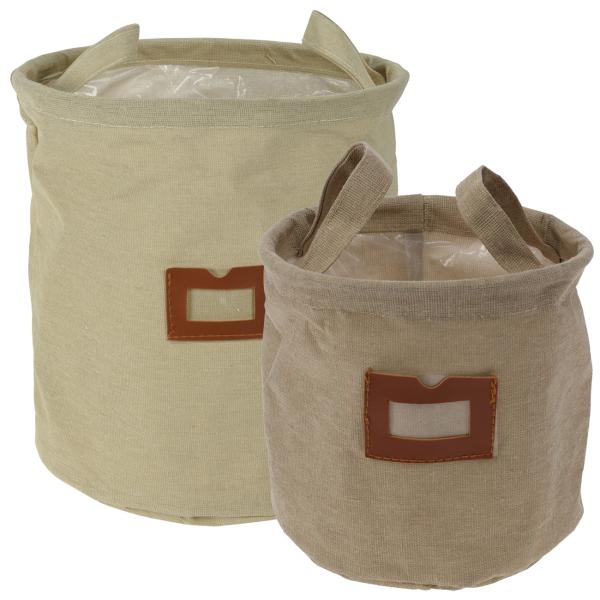 Textil-Übertöpfe Baumwolle 2er Set beige - Pflanzsäcke mit Schutzfolie - Canvas-Optik - Ideal für Pflanzen, Blumen & Kräuter - Ø24x26cm & Ø16x16cm