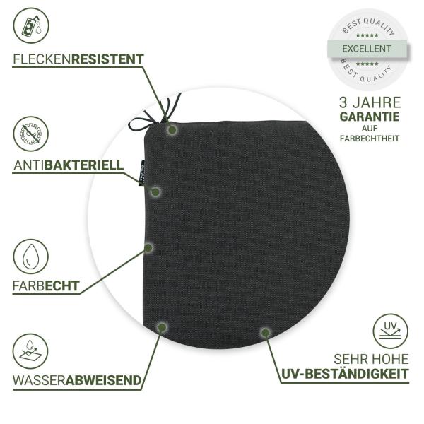 Stuhlkissen Outdoor Dunkelgrau 40x40cm - Recyceltes Material - UV-Schutz - Wasserabweisend & Antibakteriell - Mit Bändchen - Für Garten & Terrasse