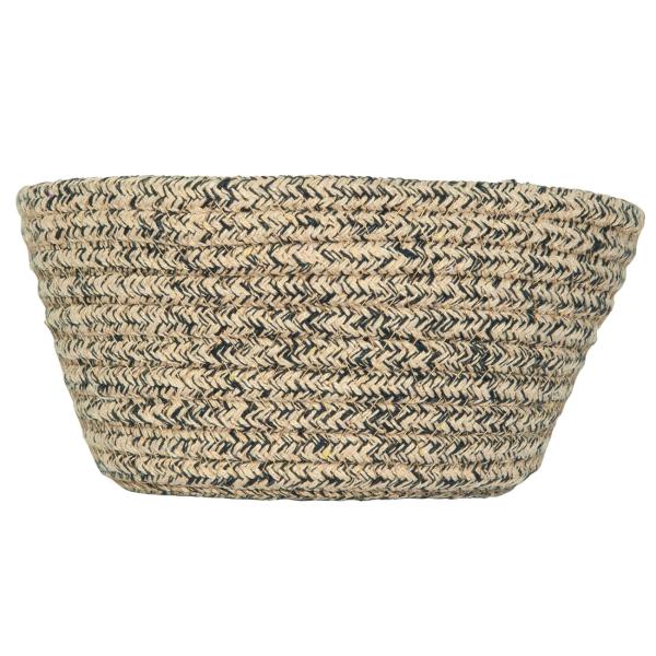 Brotkorb aus Baumwolle Seiloptik - Beige Schwarz Melange Mehrzweckkorb für Brot, Brötchen & Aufbewahrung - Ø 18 x H 8 cm - mit Lederband