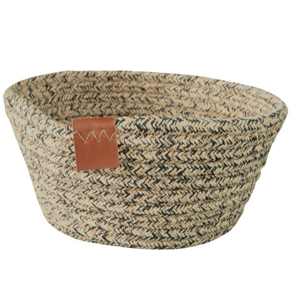 Brotkorb aus Baumwolle Seiloptik - Beige Schwarz Melange Mehrzweckkorb für Brot, Brötchen & Aufbewahrung - Ø 18 x H 8 cm - mit Lederband