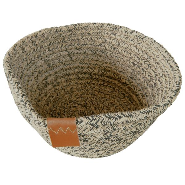 Brotkorb aus Baumwolle Seiloptik - Beige Schwarz Melange Mehrzweckkorb für Brot, Brötchen & Aufbewahrung - Ø 18 x H 8 cm - mit Lederband