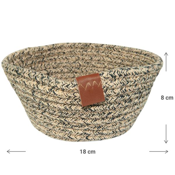Brotkorb aus Baumwolle Seiloptik - Beige Schwarz Melange Mehrzweckkorb für Brot, Brötchen & Aufbewahrung - Ø 18 x H 8 cm - mit Lederband