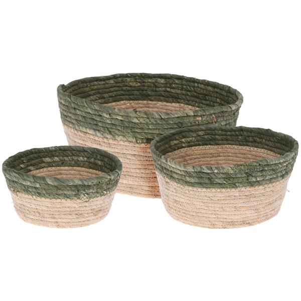 Geflochtene Aufbewahrungskörbe 3er-Set - Rund, Beige-Grün, Seegras - Ø 30x15cm, 26x11.5cm, 22x10cm - Für Bad, Küche, Büro, Deko - Praktische Ablage