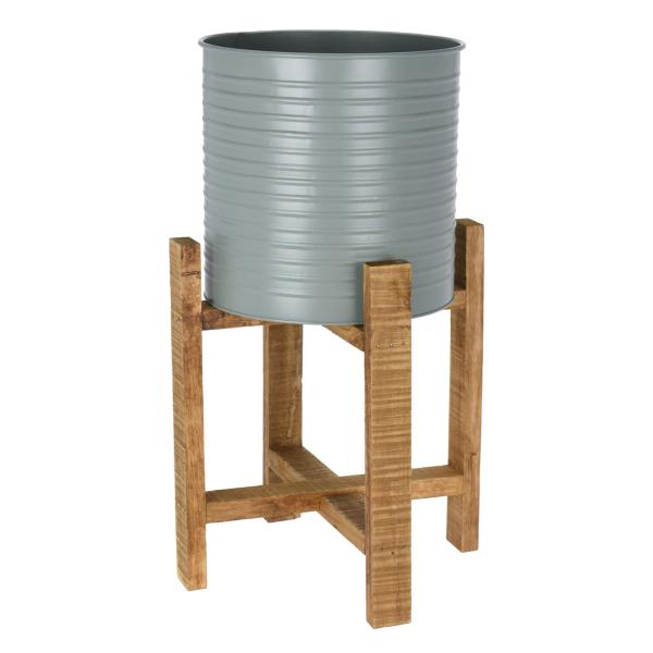 Pflanzgefässe Set grau auf Holzständer - 2 geriffelte Metall Blumentöpfe Ø 31,5x58cm & Ø 29x50cm - Natur/Grau Dekoration Innen/Aussen