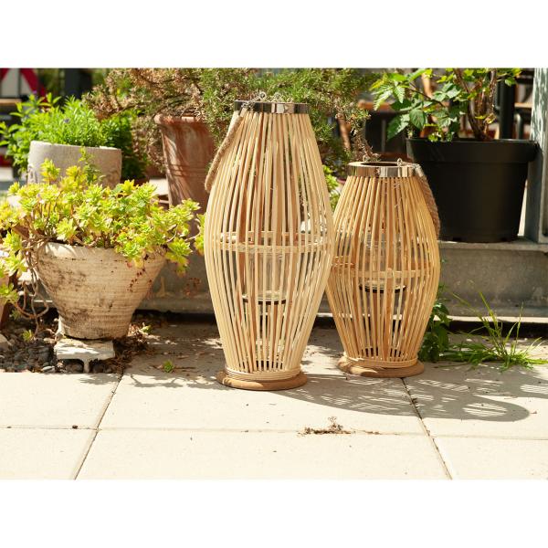 Bambus Laterne - Windlicht aus Glas mit Jute Henkel - Naturfarben, Ø 24 x H 48 cm - Für gemütliche Abende & Schattenspiele - Rattan Material