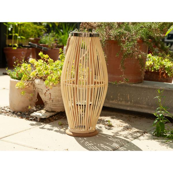 Bambus Laterne - Windlicht aus Glas mit Jute Henkel - Naturfarben, Ø 24 x H 48 cm - Für gemütliche Abende & Schattenspiele - Rattan Material