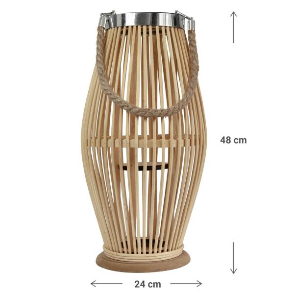 Bambus Laterne - Windlicht aus Glas mit Jute Henkel - Naturfarben, Ø 24 x H 48 cm - Für gemütliche Abende & Schattenspiele - Rattan Material