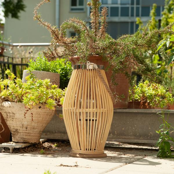 Laterne aus Bambus - Windlicht mit Glaseinsatz & Jutehenkel - Natur, Ø 21xH 38 cm - Rustikaler Charme für Garten, Balkon & Wohnzimmer