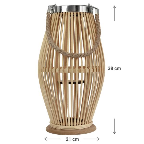 Laterne aus Bambus - Windlicht mit Glaseinsatz & Jutehenkel - Natur, Ø 21xH 38 cm - Rustikaler Charme für Garten, Balkon & Wohnzimmer
