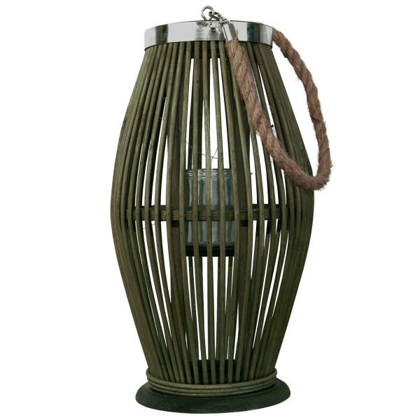 Bambus Laterne mit Glaseinsatz – Windlicht Natur aus Rattan für Kerzen – Henkel aus Jute – Ø 24x36cm – Grüner Schattenspiel-Effekt