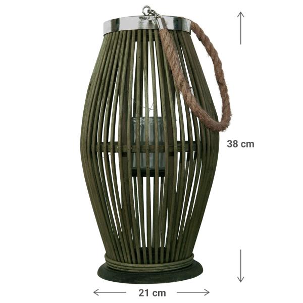 Bambus Laterne mit Glaseinsatz – Windlicht Natur aus Rattan für Kerzen – Henkel aus Jute – Ø 24x36cm – Grüner Schattenspiel-Effekt