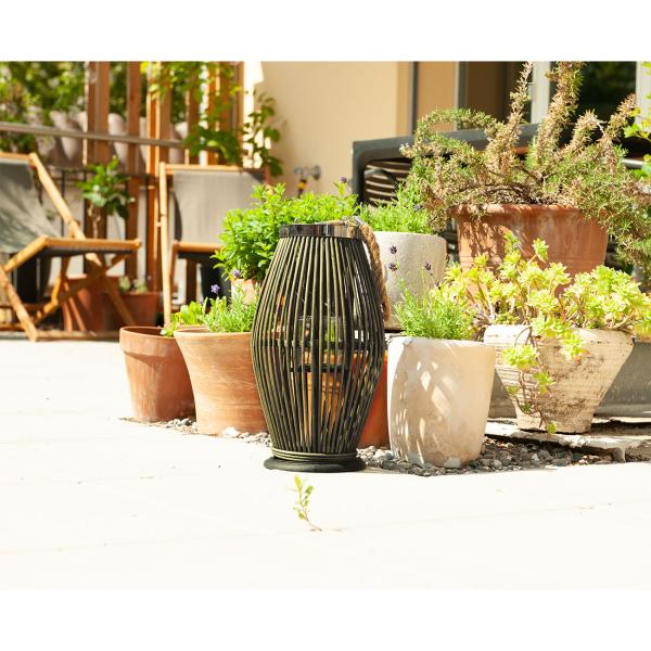 Bambus Laterne mit Glaseinsatz – Windlicht Natur aus Rattan für Kerzen – Henkel aus Jute – Ø 24x36cm – Grüner Schattenspiel-Effekt