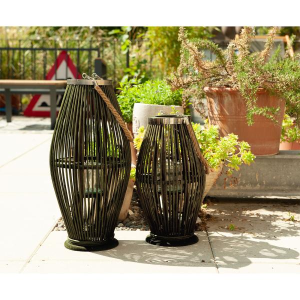 Bambus Laterne mit Glaseinsatz – Windlicht Natur aus Rattan für Kerzen – Henkel aus Jute – Ø 24x36cm – Grüner Schattenspiel-Effekt