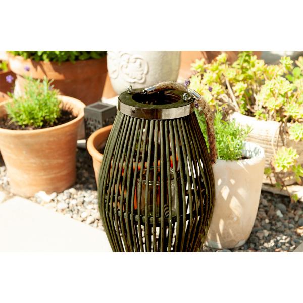 Bambus Laterne mit Glaseinsatz – Windlicht Natur aus Rattan für Kerzen – Henkel aus Jute – Ø 24x36cm – Grüner Schattenspiel-Effekt