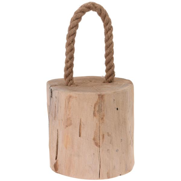 Türstopper Holzstamm Teakholz - Rustikaler Türklotz mit Kordel für Haus & Wohnzimmer - Unbehandeltes Naturholz Ø 14x15cm - Kein Bohren nötig - 1.3kg