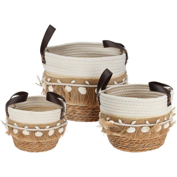 3er-Set Aufbewahrungskörbe aus Baumwolle & Naturmaterial - geflochten mit Muschelverzierung - ideal für Bad Wohnzimmer Kinderzimmer zur Dekoration